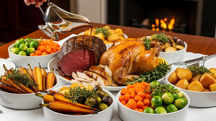 Festive Sunday Roast dinner spread with turkey beef and vegetables