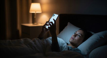 Woman in Bed Using Smartphone at Night image photo