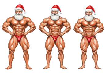 three elderly caucasian bodybuilders with white beards, in santa hats and posing trunks, aggressively flex on a white background, detailed watercolor illustration concept of muscular christmas humor