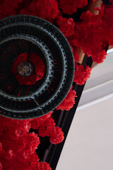 Rich red blooms and woven lantern set against black, representing traditional elegance and celebration for Lunar New Year.