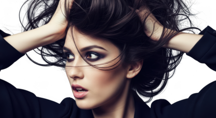 Closeup portrait of a woman with dark curly hair and glasses, looking intently to the side with a serious expression isolated on transparent background