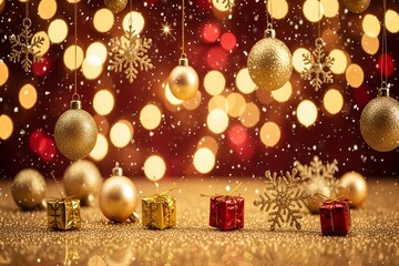 Festive golden christmas ornaments and gifts with bokeh lights isolated on transparent background