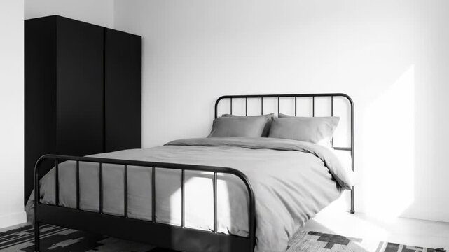 simple bedroom design ideas - A minimalist bedroom featuring a black metal bed frame with grey bedding, placed against a clean white wall, complemented by a wooden floor and an area rug
