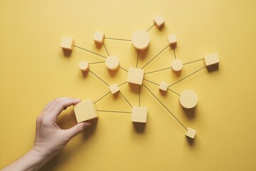 Connection of yellow geometric shapes on a yellow background, representing network, system, or data flow concept