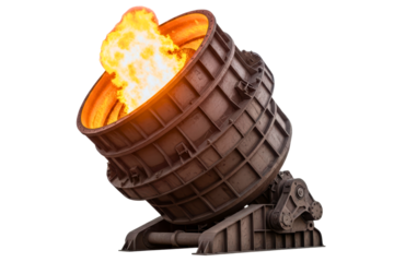 Steel mill converter with molten metal during the smelting process isolated on transparent background