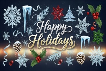 Festive happy holidays text surrounded by winter decorations isolated on transparent background