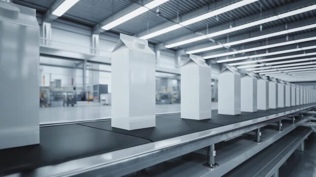 Modern milk packaging line in a dairy factory with carton boxes on conveyor belt