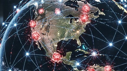 Global network connection with illuminated digital points and red virus icons over North America, showcasing pandemic impact and advanced technology futuristic digital globe network connection system - Powered by Adobe