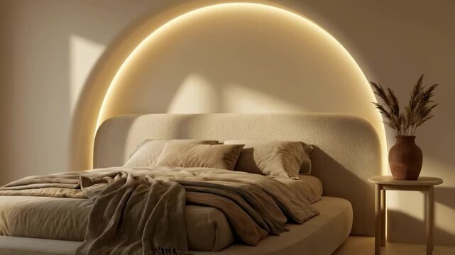 simple bedroom design ideas - A cozy bedroom features a soft, plush bed adorned with neutral-toned linens beneath a soothing illuminated arch, complemented by a minimalist side table and vase