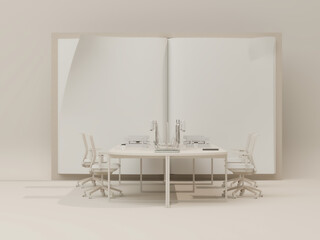 Modern Workspace Concept with Blank Book Display and Computer Monitors