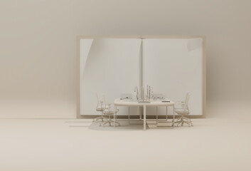 Modern Workspace Concept with Blank Book Display and Computer Monitors