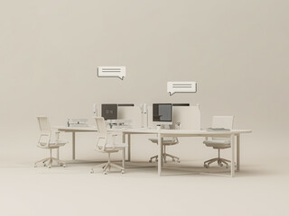3D Modern Office Workspace Office Desk Setup with Bubbles talking on pastel background