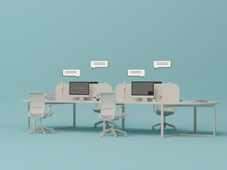 3D Modern Office Workspace Office Desk Setup with Bubbles talking on pastel background