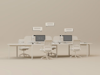 3D Modern Office Workspace Office Desk Setup with Bubbles talking on pastel background