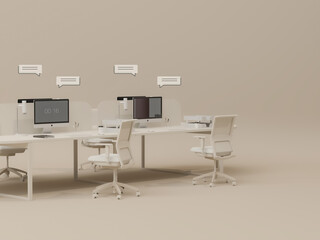 3D Modern Office Workspace Office Desk Setup with Bubbles talking on pastel background