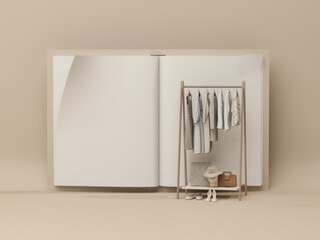 Minimalist E-commerce Mockup: Open Book Template with Fashion Clothes Rack and Workspace Display © Hihiland