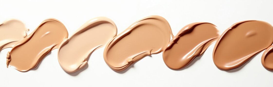 Swatches of liquid cosmetic foundation in various skin tones are shown on white background. Different shades of makeup cream show texture and consistency for product testing.