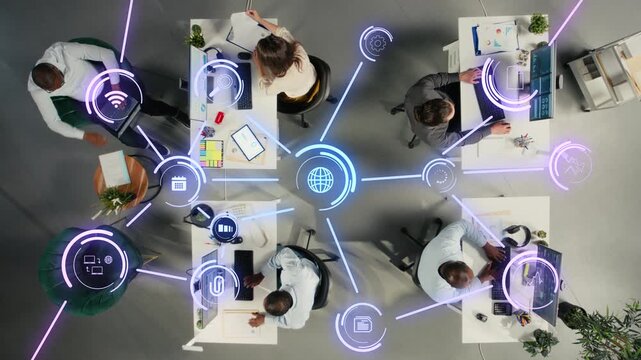 Business office workers solving tasks, HUD overlay symbolizing digital connectivity. Corporate staff merging traditional company workplace operations with advanced internet platforms