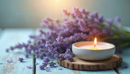 Aromatherapy candle burns near lavender flowers on a wooden table. Soft light creates serene spa atmosphere. Natural scents promote peace and relaxation for mind and body.