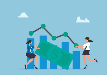 Obraz premium Business Financial Growth Analysis with Women Holding Money and Chart Illustration
