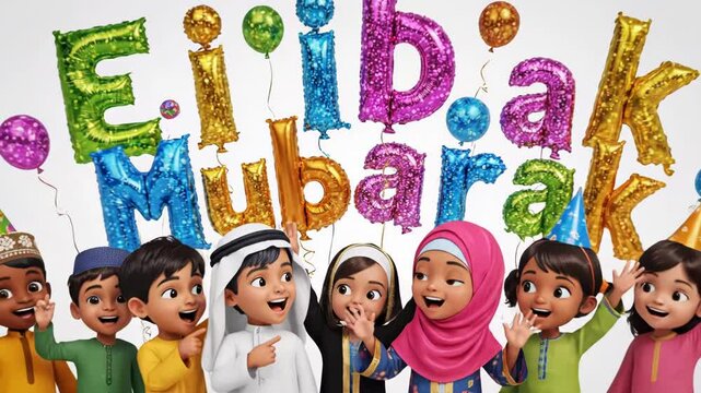 Happy eid mubarak celebration with diverse children and foil balloons