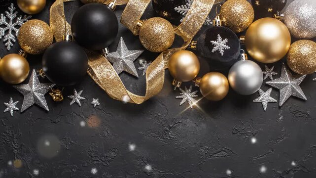 Elegant christmas border with gold, black, and silver ornaments on dark background