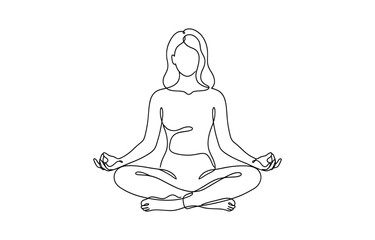 Woman sitting in lotus pose yoga. Continuous one line drawing, Women doing yoga one line drawing on transparent background