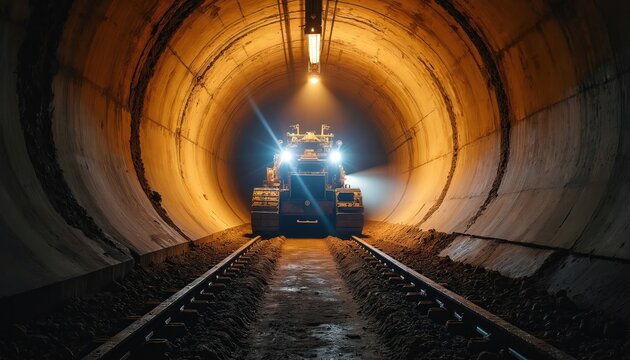 Giant tunnel boring machine digs in dark underground tunnel. Rail tracks lead machine forward for subway construction. Project advances urban infra. Heavy equipment works on city transit.