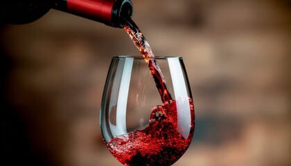 Captivating close-up of dark red wine flowing from a bottle into a clear glass, showcasing a vibrant pour