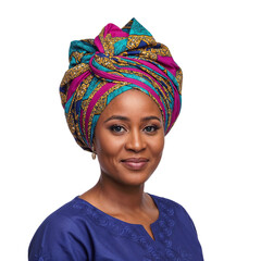 Woman wearing a colorful head wrap and traditional clothing in a bright setting during the day