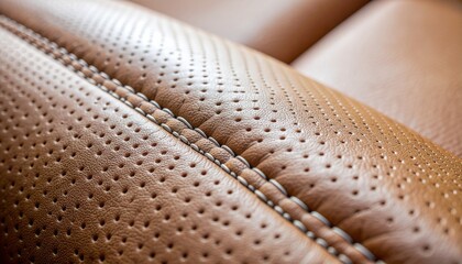 Close-up detail of luxurious brown perforated leather texture with intricate stitching, showcasing craftsmanship and material quality