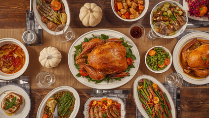 Overhead view of a beautifully set wooden table with a large roasted turkey, pumpkins, and many diverse side dishes for a holiday feast.
