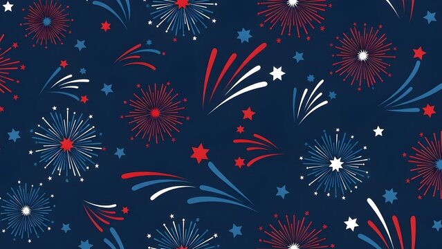 Seamless pattern of red white and blue fireworks exploding against a dark navy blue background celebrating holidays
