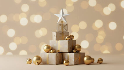 Christmas gift pyramid with golden baubles and soft bokeh lights festive holiday decoration concept for elegant seasonal celebration and winter marketing