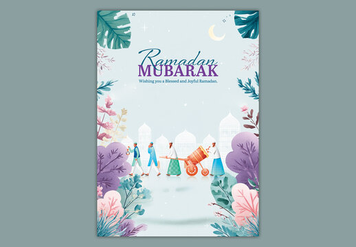 Editable Ramadan Mubarak Greeting Card Template with Traditional Muslim People Characters Announcing Ramadan Starts with Drummer Procession and Floral Decorative Background.