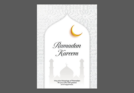 Elegant Ramadan Kareem Greeting Card Template with Golden Crescent Moon and Mosque Silhouette in White Islamic Pattern Background, Editable Design.