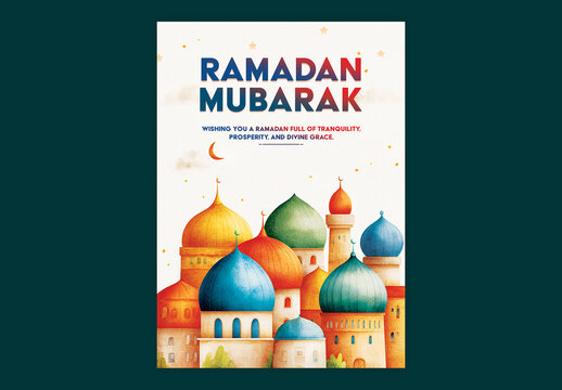 Editable Ramadan Mubarak Greeting Card Template with Colorful Mosque Illustration wirh Crescent Moon on White Background. Watercolor Illustration. 