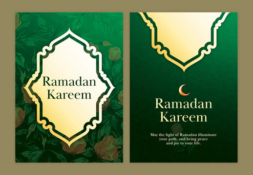 Editable Ramadan Kareem Greeting Card Template Set with Crescent Moon, Islamic Pattern and Floral Design on Green Background.