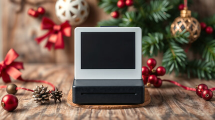 Blank black polaroid with Christmas decoration on wooden background