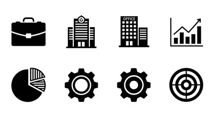 Set of business and finance icons briefcase, buildings, growth chart, pie chart, gears, and target