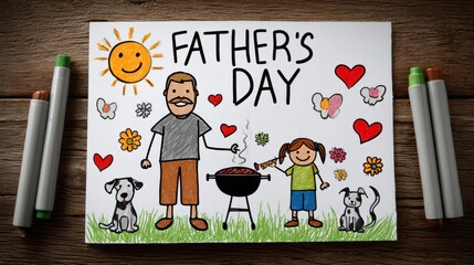 Colorful illustration depicting a joyful family barbecue scene celebrating Father's Day with a smiling father, daughter, and playful dogs surrounded by hearts and flowers in a cheerful atmosphere