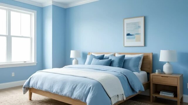 simple bedroom design ideas - A serene bedroom featuring a wooden bed with light blue linens, complemented by matching bedside tables and lamps, all set against calming blue walls