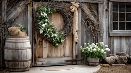Rustic farmhouse door decorated with floral wreath
