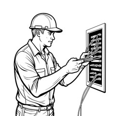 Electrician connecting wires in control panel, electrical maintenance and safety in workplace