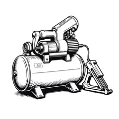 Air compressor and nail gun line art, construction equipment and tool illustration for industrial use