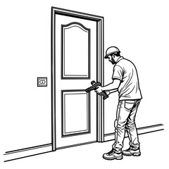 Worker installing door using power tools in line art style, home renovation and construction