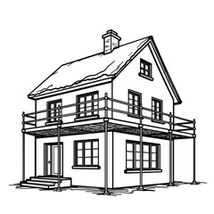 House with scaffolding, construction progress and renovation planning
