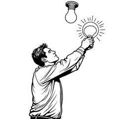 Man installing light bulb in ceiling, electrical work and home maintenance concept