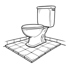 Line Art Illustration of Toilet on Tiled Bathroom Floor, Plumbing Installation and Home Remodeling