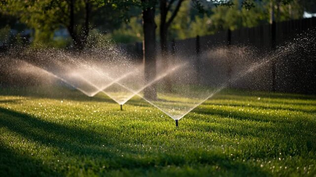 Beautiful lawn irrigation system watering grass, creating a sparkling effect in sunlight